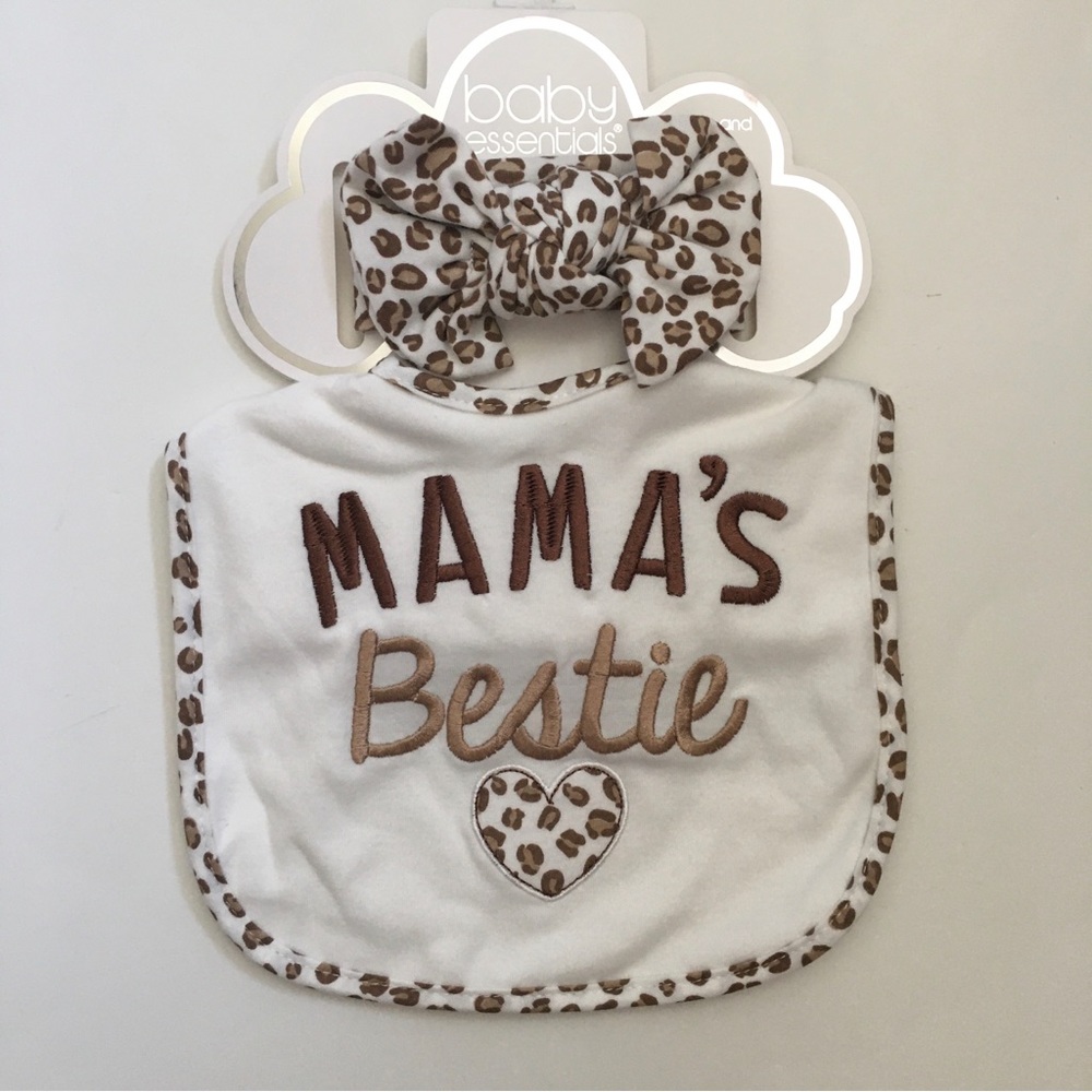 Baby Essentials Bib & Leopard Print Headband Bow Set NEW “Mama’s Bestie”